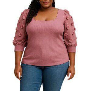 Cato Plus Size XL Knit Top Dusty Rose 3D Floral Mesh Puff Sleeves Scoop Neck